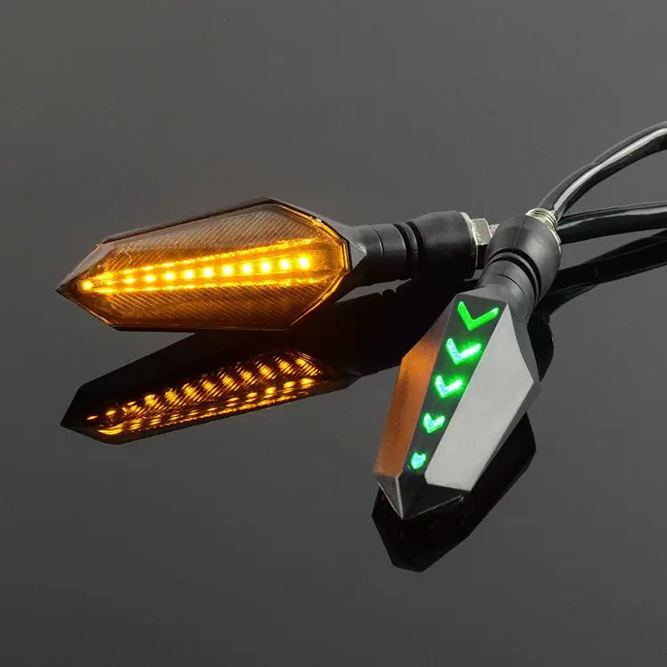 1 Pair Sequential LED Motorcycle Turn Signals with Arrow DRL Dual-Sided Flowing Amber Indicator Blinkers Light(Green+Yellow)