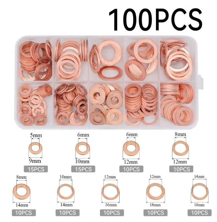 100 PCS/Box M5-M14 Copper Metric Washer Sealing Set Solid Copper Flat Ring Crush Washer Kit