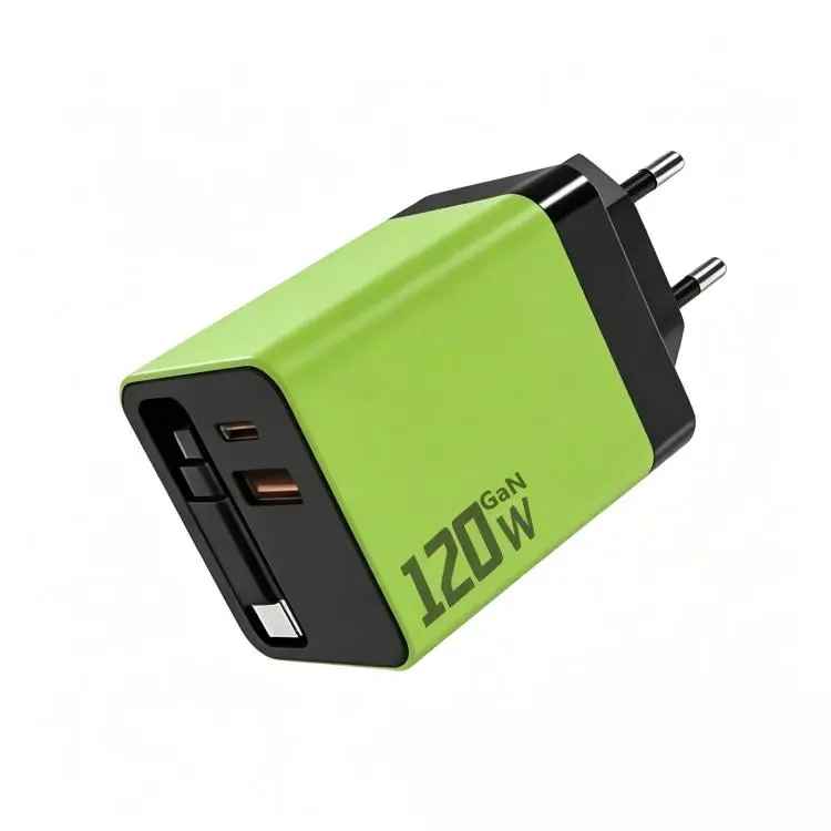 120W GaN Wall Charger with Built-in Retractable USB-C Cable 3-Port Fast Charging Block EU Plug(Green)