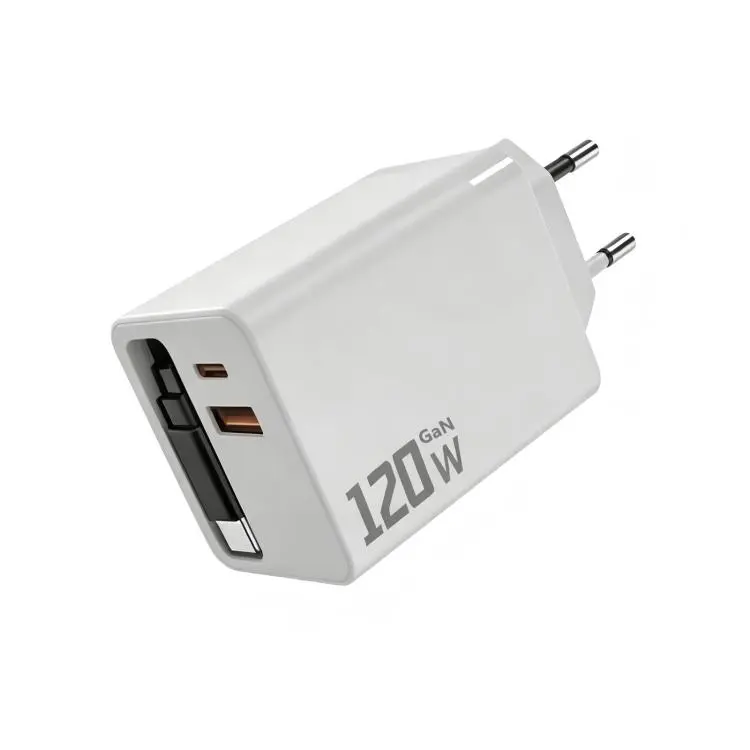 120W GaN Wall Charger with Built-in Retractable USB-C Cable 3-Port Fast Charging Block EU Plug(White)