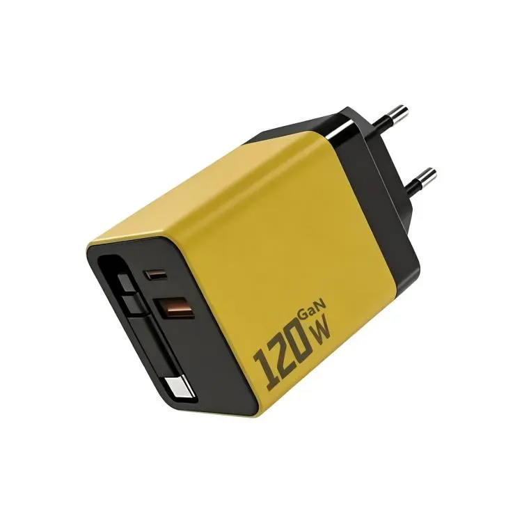 120W GaN Wall Charger with Built-in Retractable USB-C Cable 3-Port Fast Charging Block EU Plug(Yellow)