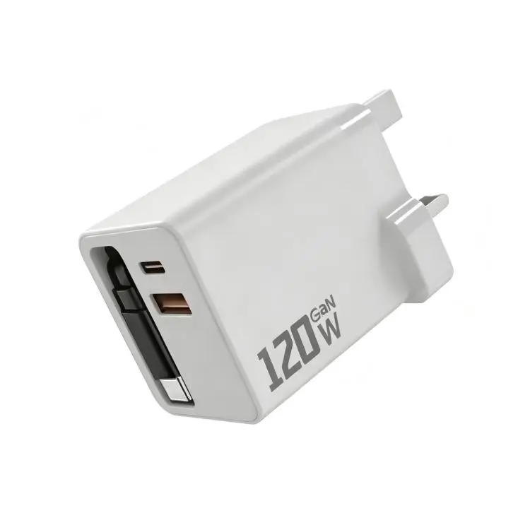 120W GaN Wall Charger with Built-in Retractable USB-C Cable 3-Port Fast Charging Block UK Plug(White)