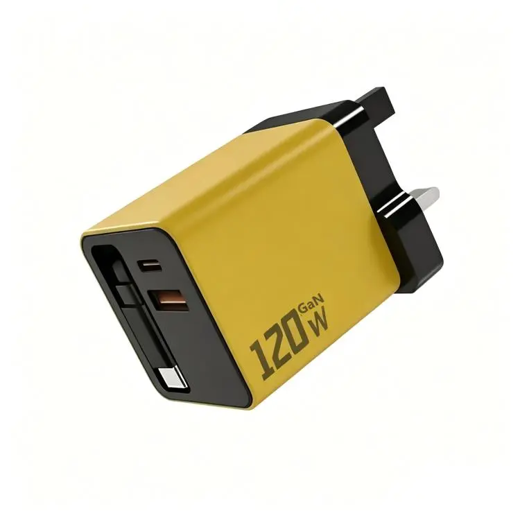 120W GaN Wall Charger with Built-in Retractable USB-C Cable 3-Port Fast Charging Block UK Plug(Yellow)