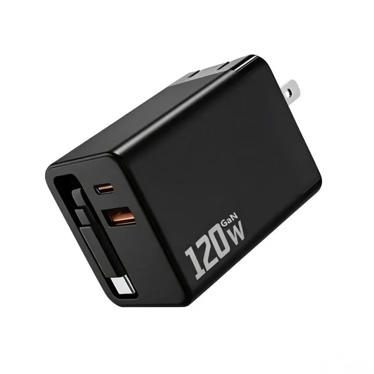 120W GaN Wall Charger with Built-in Retractable USB-C Cable 3-Port Fast Charging Block US Plug(Black)