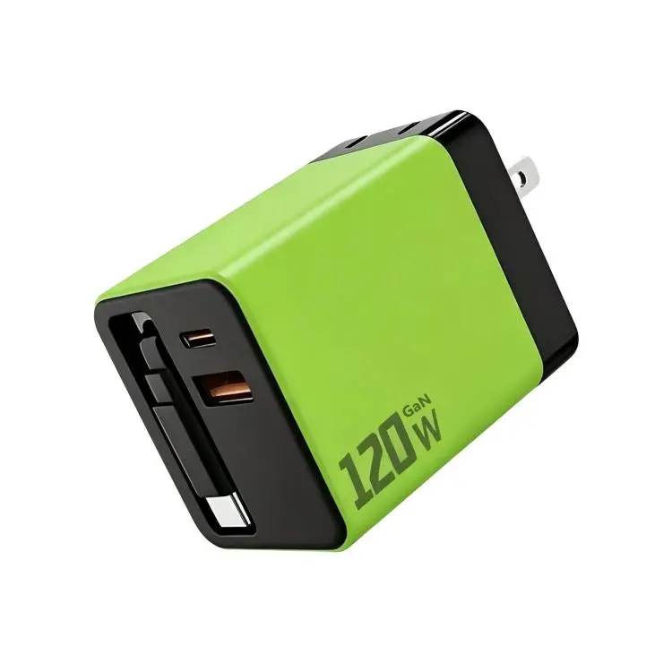 120W GaN Wall Charger with Built-in Retractable USB-C Cable 3-Port Fast Charging Block US Plug(Green)