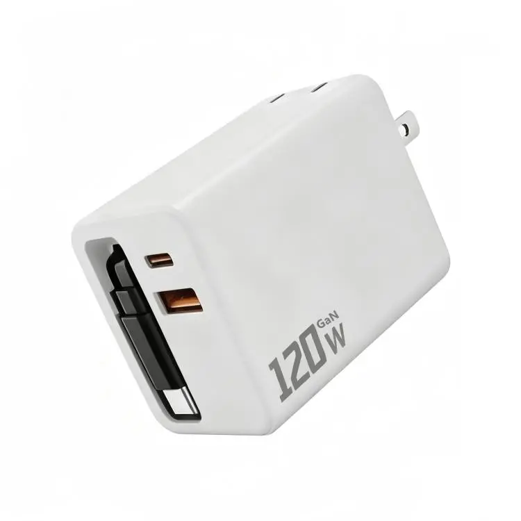 120W GaN Wall Charger with Built-in Retractable USB-C Cable 3-Port Fast Charging Block US Plug(White)