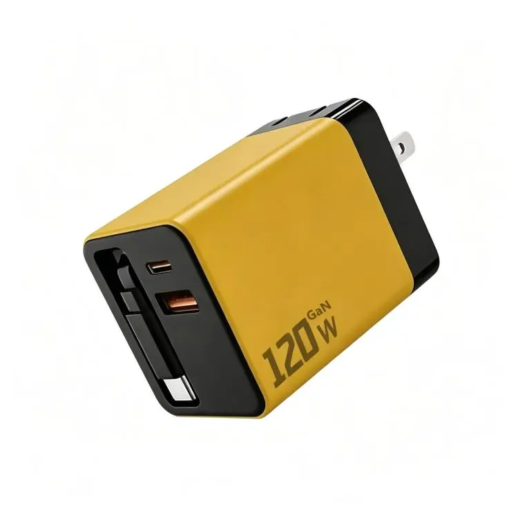 120W GaN Wall Charger with Built-in Retractable USB-C Cable 3-Port Fast Charging Block US Plug(Yellow)