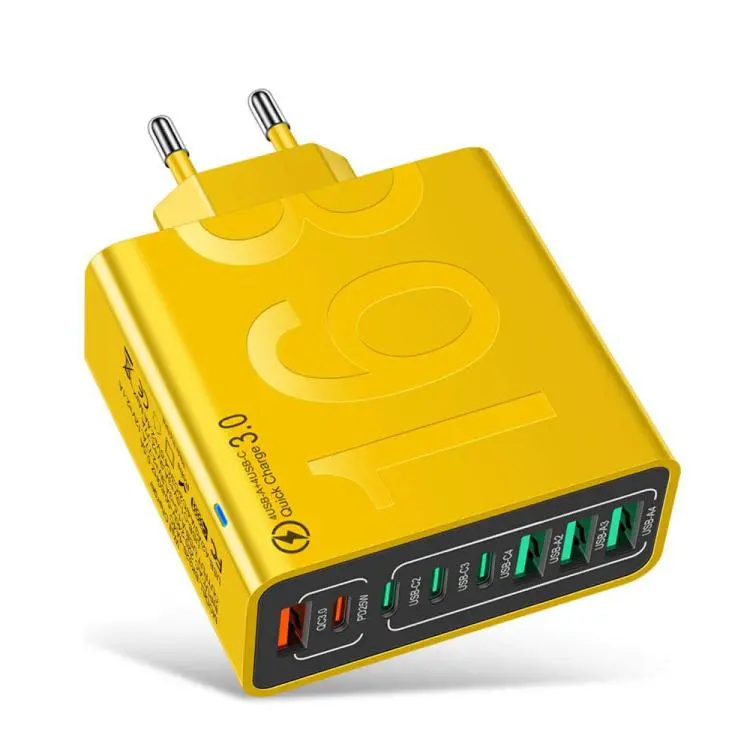 150W 4USB+4Type-C 8 Interface QC3.0 Fast Charging Cell Phone Charger EU Plug (Yellow)