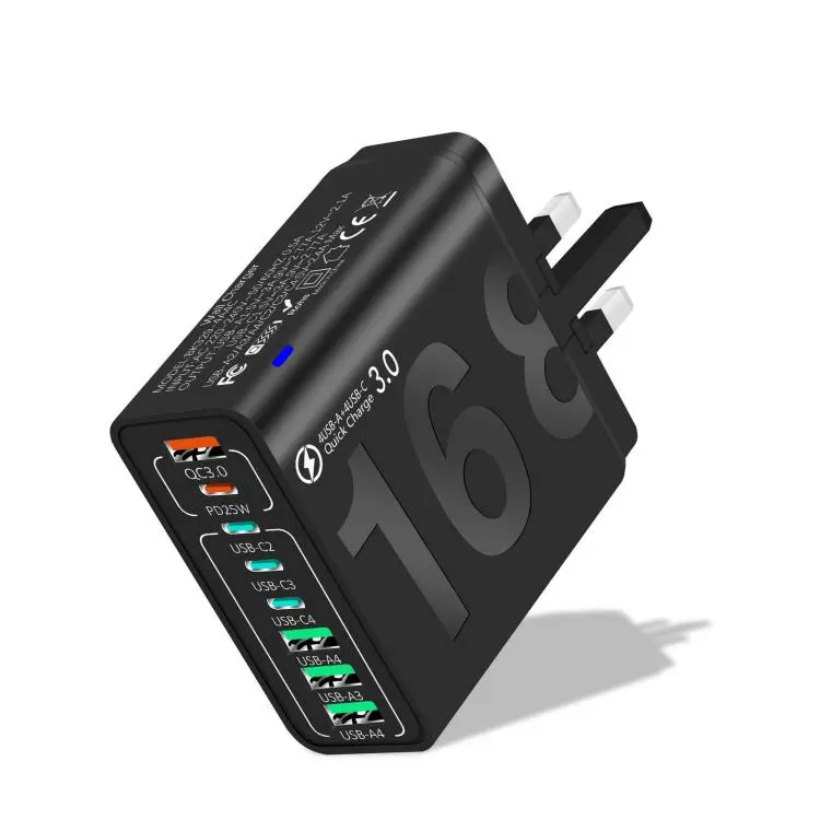 150W 4USB+4Type-C 8 Interface QC3.0 Fast Charging Cell Phone Charger UK Plug (Black)