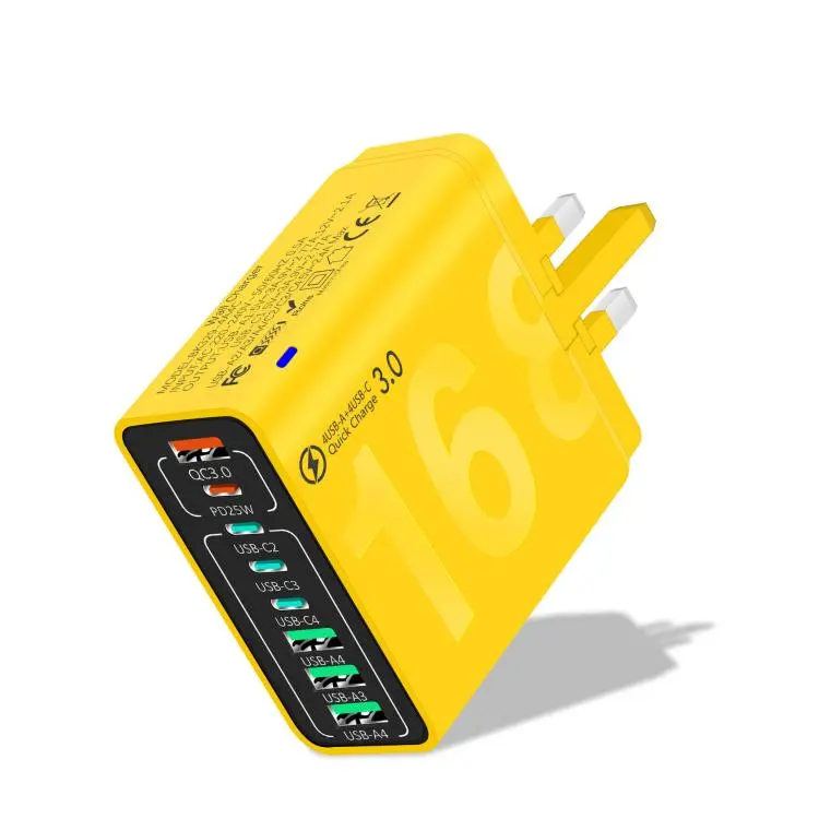150W 4USB+4Type-C 8 Interface QC3.0 Fast Charging Cell Phone Charger UK Plug (Yellow)