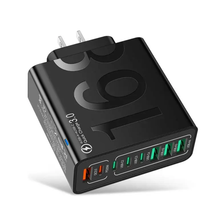 150W 4USB+4Type-C 8 Interface QC3.0 Fast Charging Cell Phone Charger US Plug (Black)