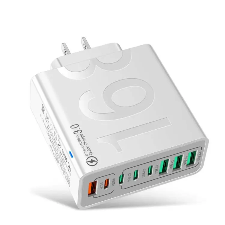 150W 4USB+4Type-C 8 Interface QC3.0 Fast Charging Cell Phone Charger US Plug (White)