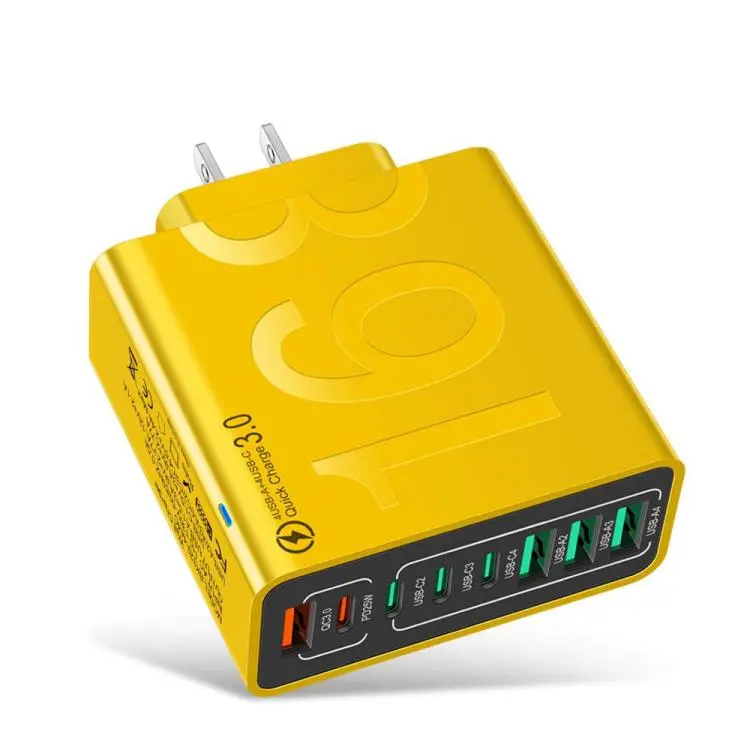 150W 4USB+4Type-C 8 Interface QC3.0 Fast Charging Cell Phone Charger US Plug (Yellow)