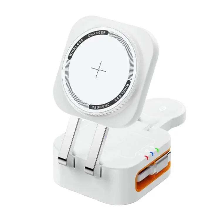 15W 3 In 1 Retractable Cable Magnetic Wireless Charger Foldable Desktop Charging Stand(White)