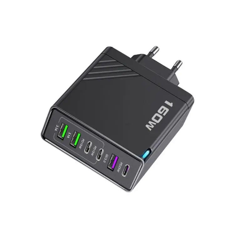 160W Type-C x 3, USB x 3 Multi Port Quick Charger for Tablets / Phones, EU Plug(Black)