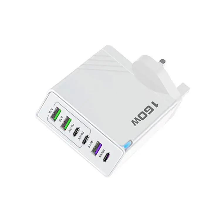 160W Type-C x 3, USB x 3 Multi Port Quick Charger for Tablets / Phones, UK Plug(White)