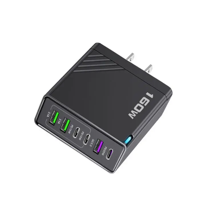 160W Type-C x 3, USB x 3 Multi Port Quick Charger for Tablets / Phones, US Plug(Black)