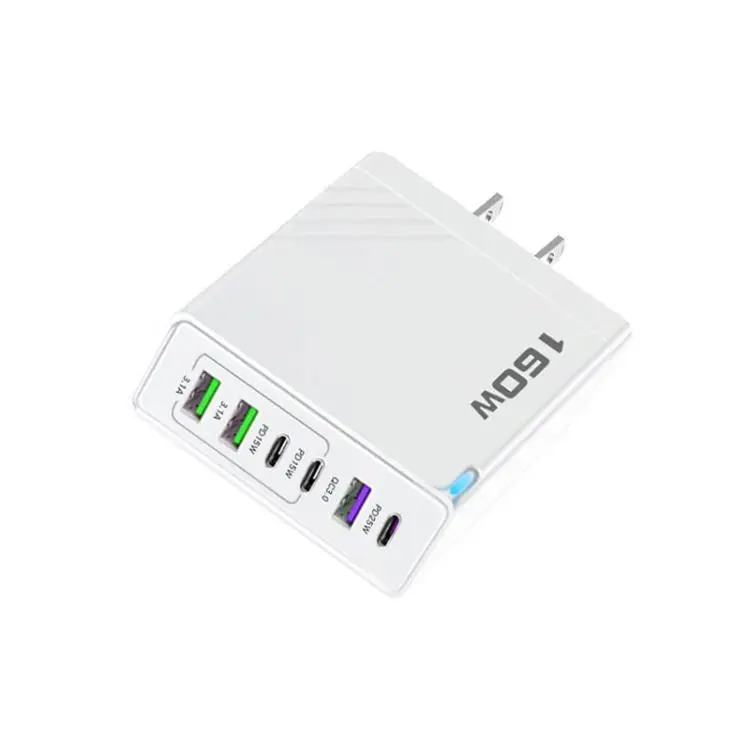 160W Type-C x 3, USB x 3 Multi Port Quick Charger for Tablets / Phones, US Plug(White)