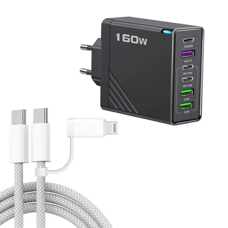 160W Type-C x 3, USB x 3 Quick Charger with Type-C to Type-C / 8 Pin Cable, EU Plug(Black)