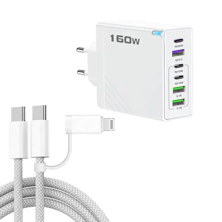 160W Type-C x 3, USB x 3 Quick Charger with Type-C to Type-C / 8 Pin Cable, EU Plug(White)