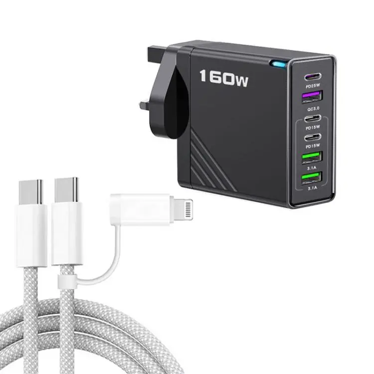 160W Type-C x 3, USB x 3 Quick Charger with Type-C to Type-C / 8 Pin Cable, UK Plug(Black)