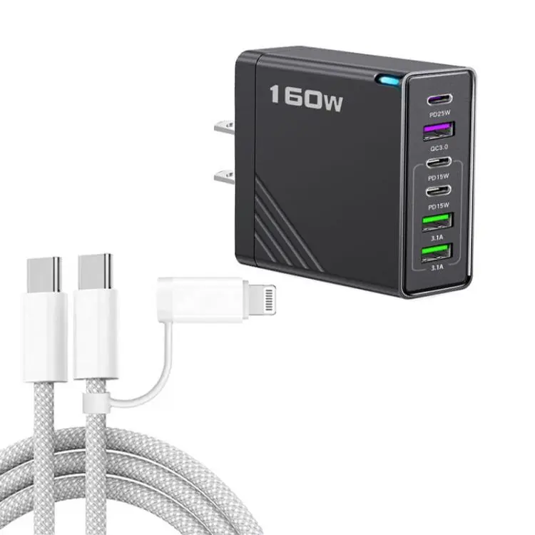160W Type-C x 3, USB x 3 Quick Charger with Type-C to Type-C / 8 Pin Cable, US Plug(Black)