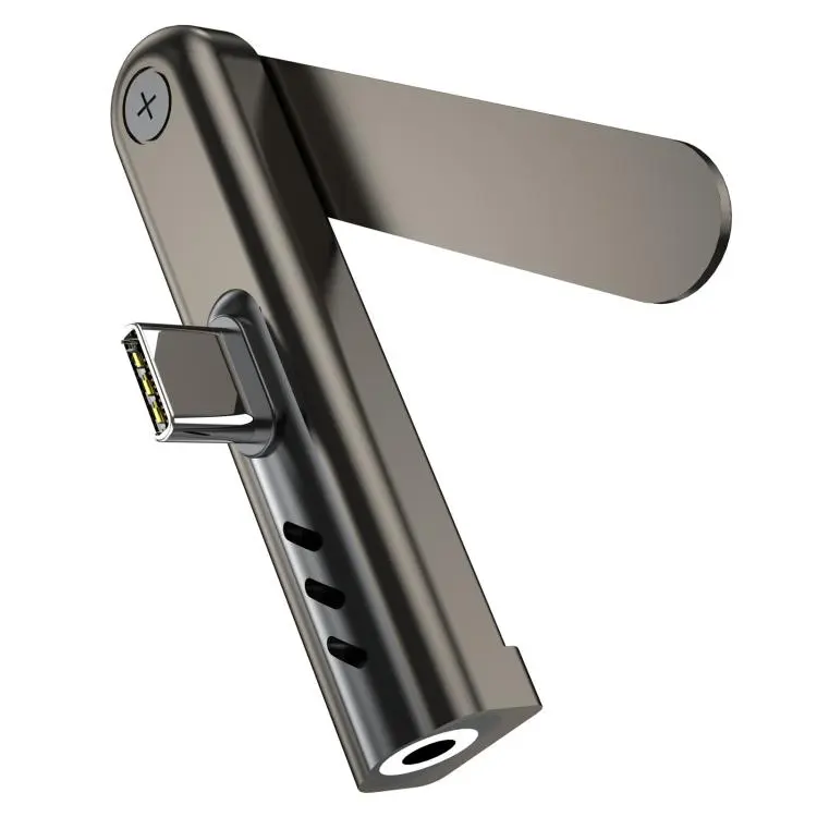 2 in 1 Foldable Holder Type-C to 3.5mm Audio Adapter(Black)