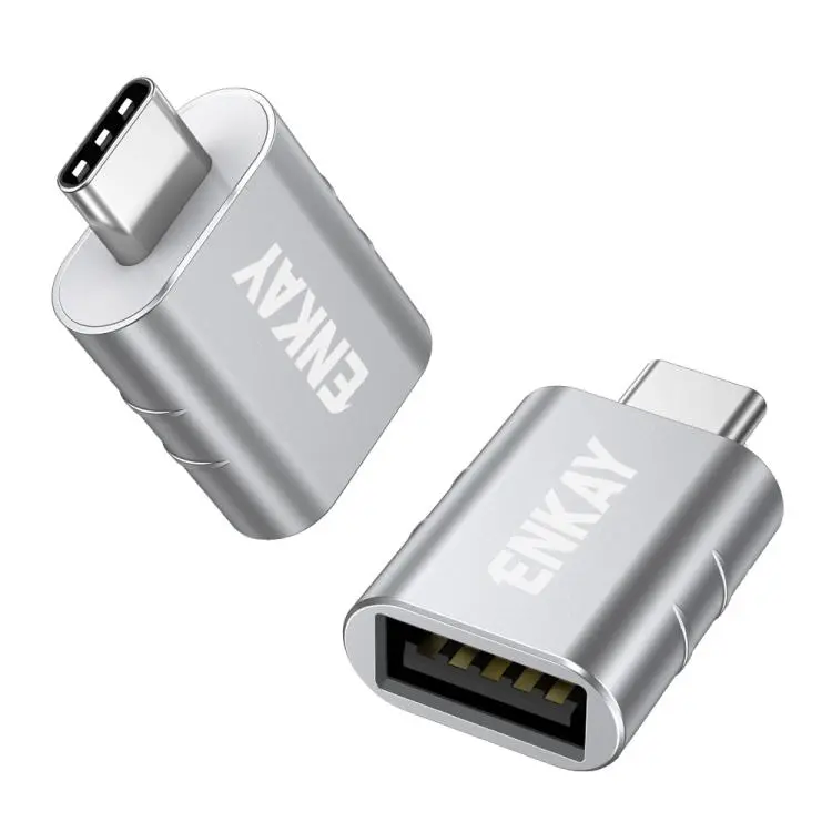 2 Pcs ENKAY ENK-AT135 Male USB C to Female USB 3.2 A Zinc Alloy Adapter 10Gbps Super Speed Data Sync & 60W Fast Charging(Silver)