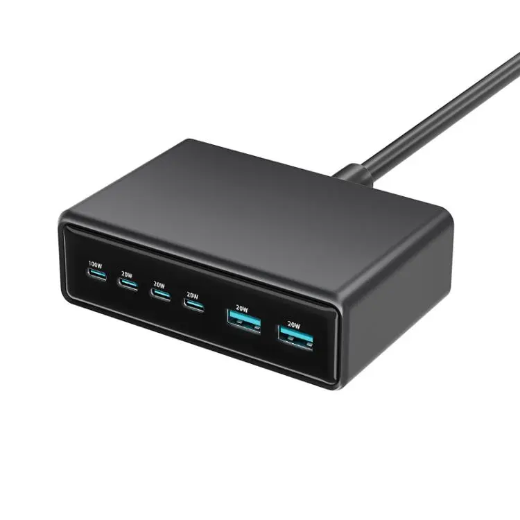 200W 4xUSB-C / Type-C and 2xUSB-A Multi-function 6 Ports GaN Desktop Fast Charger, Plug