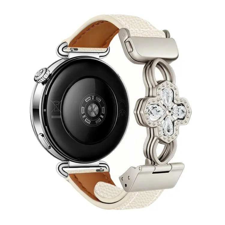 20mm Hollow Zircon Magnetic Clasp Genuine Leather Watch Band(Litchi Grain Beige White)