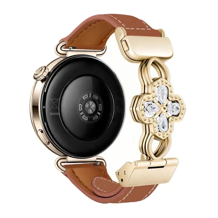 20mm Hollow Zircon Magnetic Clasp Genuine Leather Watch Band(Litchi Grain Brown)