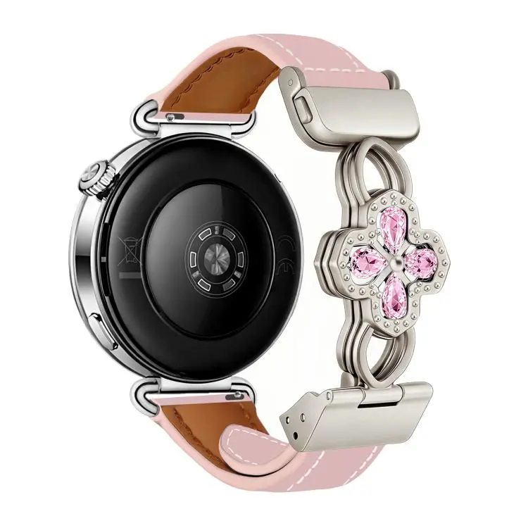 20mm Hollow Zircon Magnetic Clasp Genuine Leather Watch Band(Litchi Grain Light Pink)