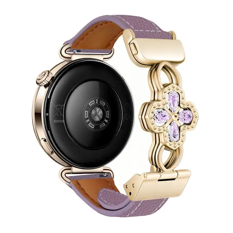 20mm Hollow Zircon Magnetic Clasp Genuine Leather Watch Band(Litchi Grain Purple)