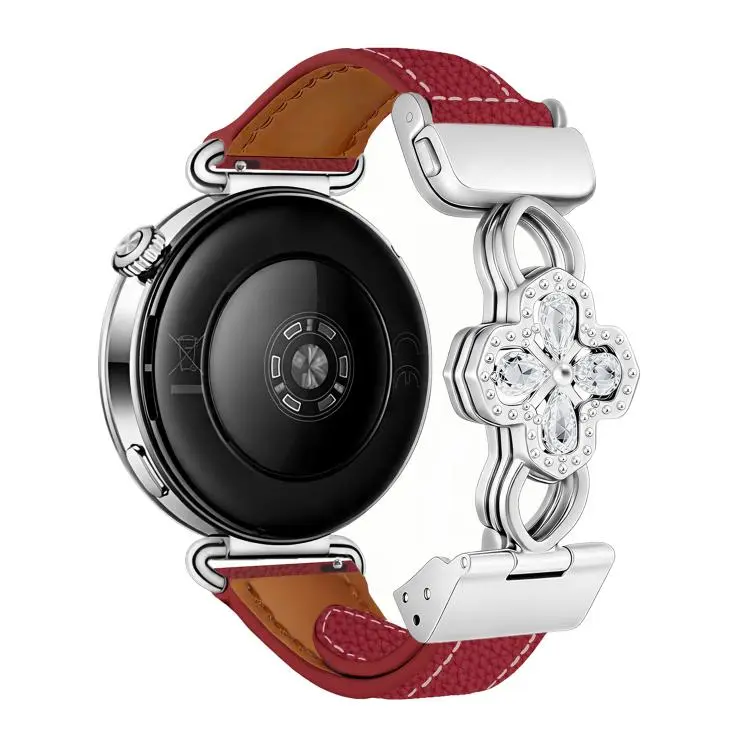 20mm Hollow Zircon Magnetic Clasp Genuine Leather Watch Band(Litchi Grain Wine Red)