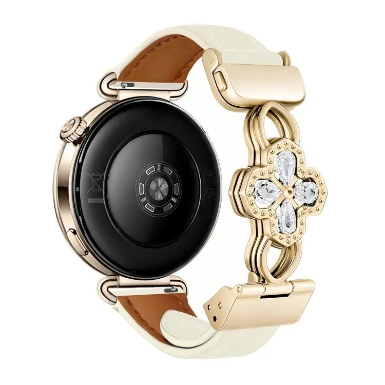 20mm Hollow Zircon Magnetic Clasp Genuine Leather Watch Band(Plain Grain Beige White)