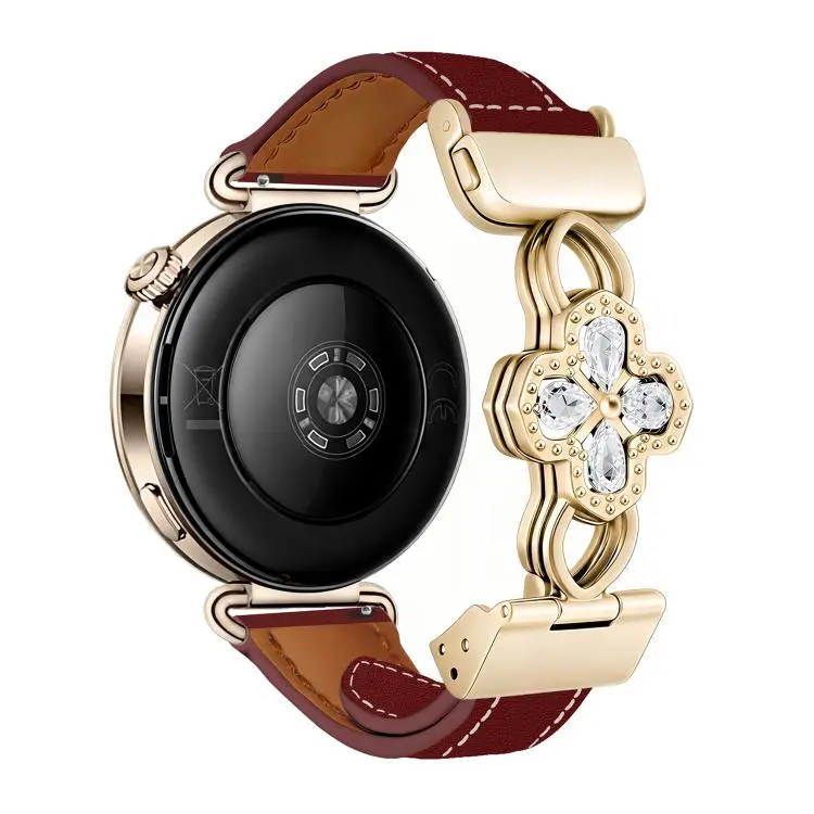 20mm Hollow Zircon Magnetic Clasp Genuine Leather Watch Band(Plain Grain Deep Red)