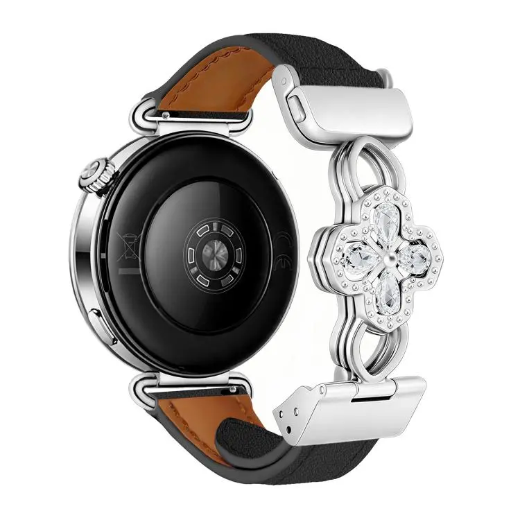 20mm Hollow Zircon Magnetic Clasp Genuine Leather Watch Band(Tumbled Grain Black)