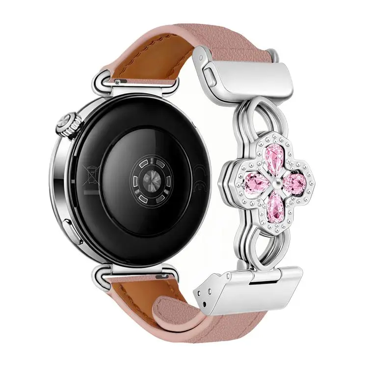 20mm Hollow Zircon Magnetic Clasp Genuine Leather Watch Band(Tumbled Grain Rose Pink)
