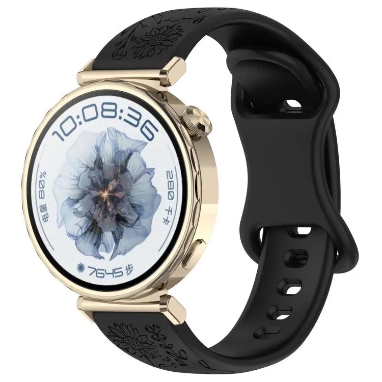 20mm Sunflower Pattern Butterfly Buckle Silicone Watch Band(Black)