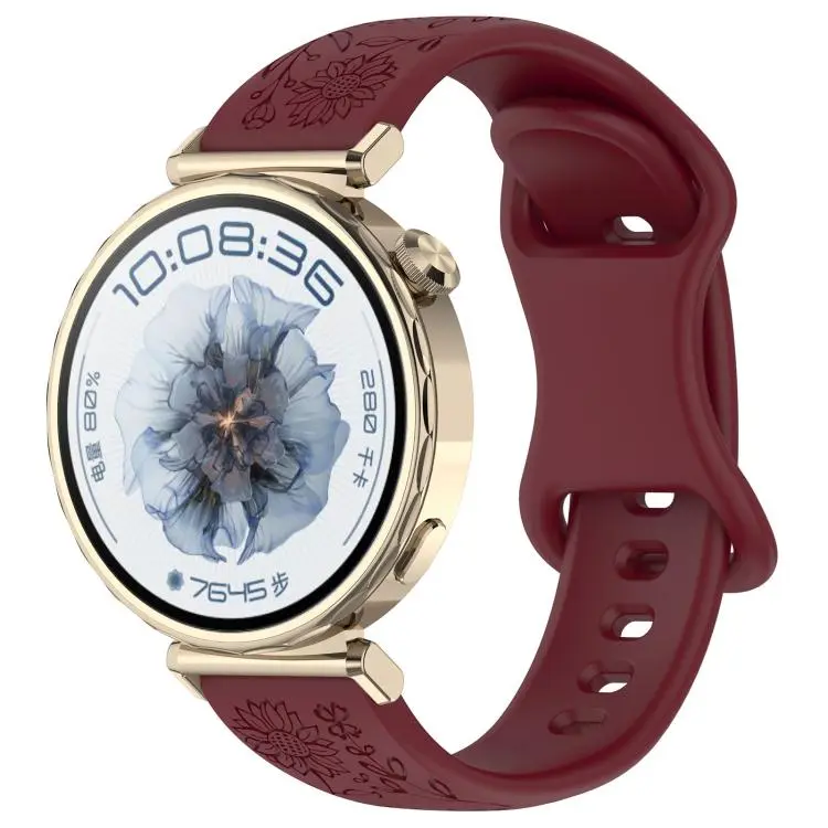 20mm Sunflower Pattern Butterfly Buckle Silicone Watch Band(Wine Red)