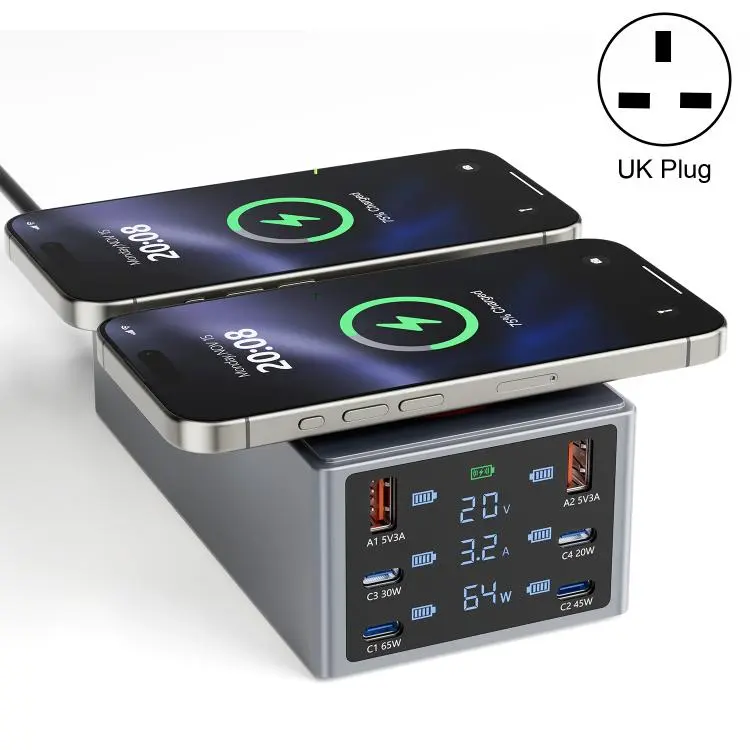 220W Multi-Port Smart Desktop Charging Station with 15W Dual Wireless Charging Function, Plug