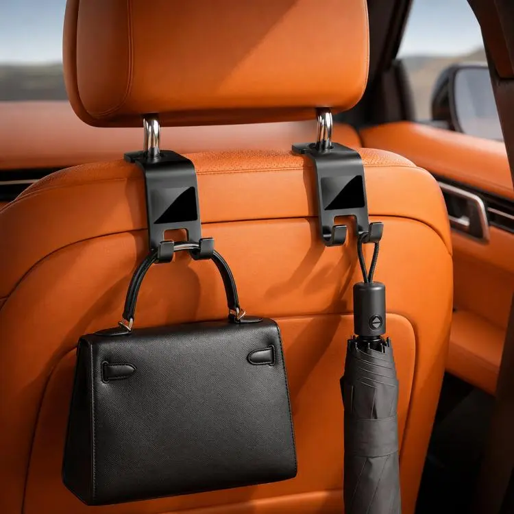 2pcs /Pack Car Headrest Hooks With Tablet Holder 360-Degree Rotatable Backseat Storage Organizer For Purses, Grocery Bags, Umbrellas(Black)