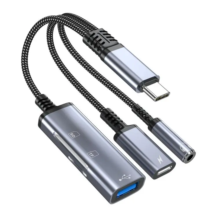 3 in 1 Type-C to USB+Type-C+3.5mm+TF+SD Multi-functional Charging Audio Transmission Adapter Cable(Tarnish)
