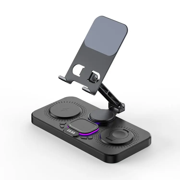 4-in-1 Fast Wireless Charging Station for Phone/Tablet/Apple Watch/AirPods Magnetic Foldable Stand with Clock Display & Cool Light Effect(Black)