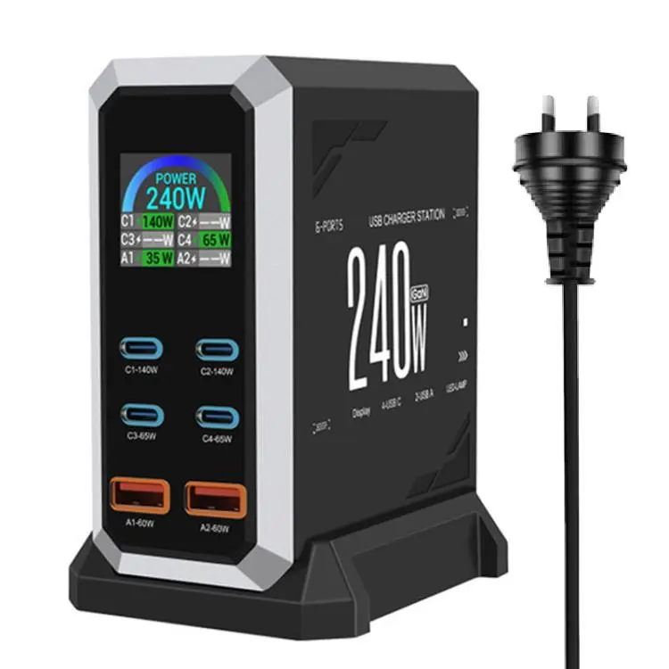 4 Type-C+2 USB Multi-Port 240W Dynamic Display Gallium Nitride Charger AU Plug(Black)