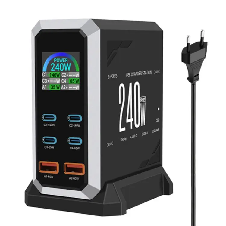 4 Type-C+2 USB Multi-Port 240W Dynamic Display Gallium Nitride Charger EU Plug(Black)