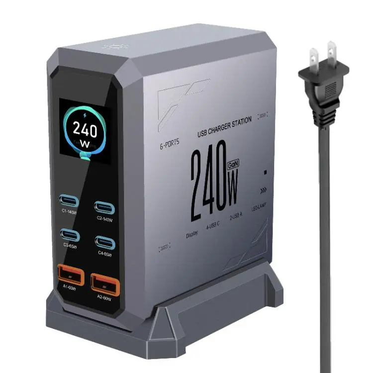 4 Type-C+2 USB Multi-Port 240W Dynamic Display Gallium Nitride Charger US Plug(Gray)