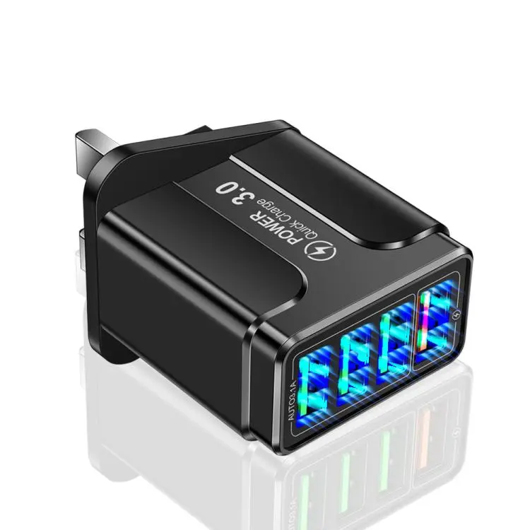 5.1A QC3.0 Fast Charging 4USB Port Cell Phone Charger UK Plug(Black A)