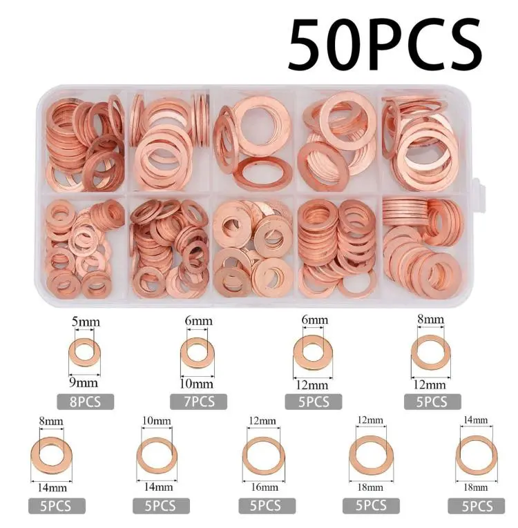 50 PCS/Box M5-M14 Copper Metric Washer Sealing Set Solid Copper Flat Ring Crush Washer Kit