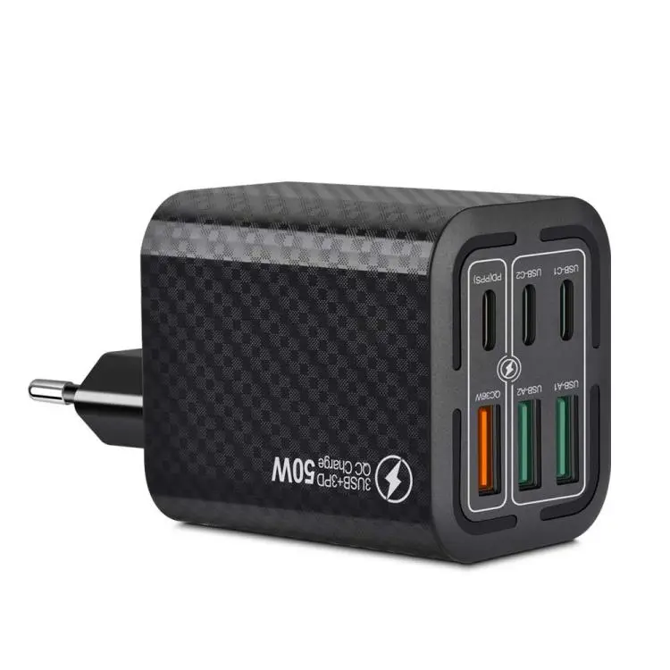 50W 3USB+3Type-C 6 Ports Fast Charging Cell Phone Charger EU Plug (Black)